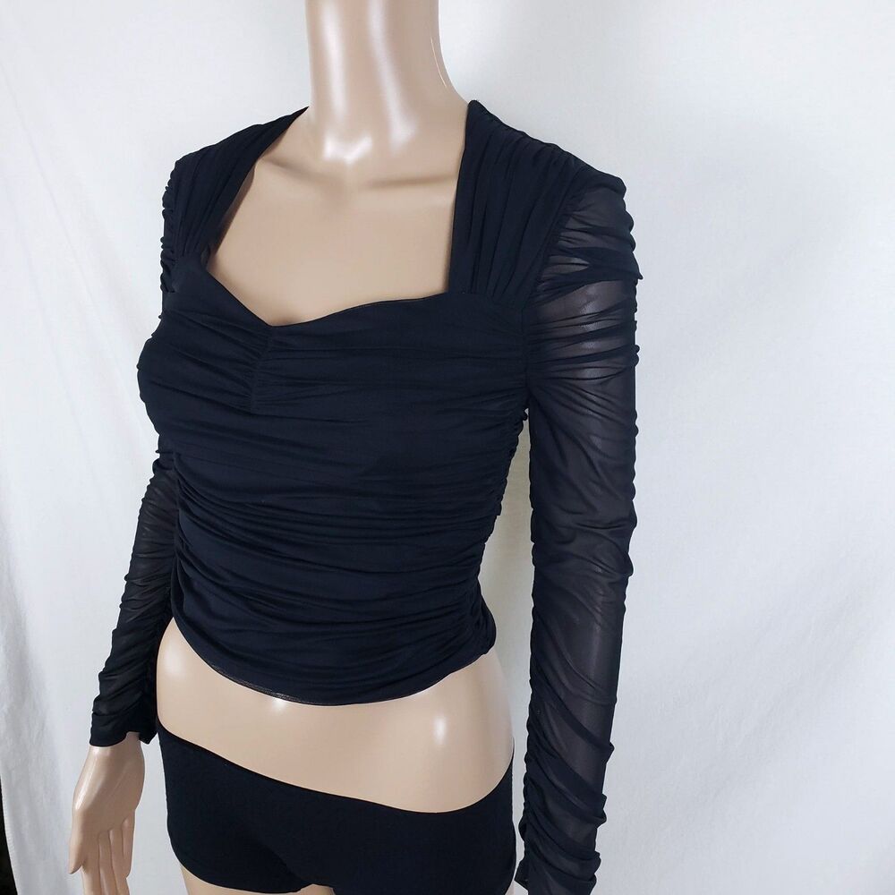 Express Dark Romantic Dramatic Ruched Mesh Top Womens S Sheer Date Night Black